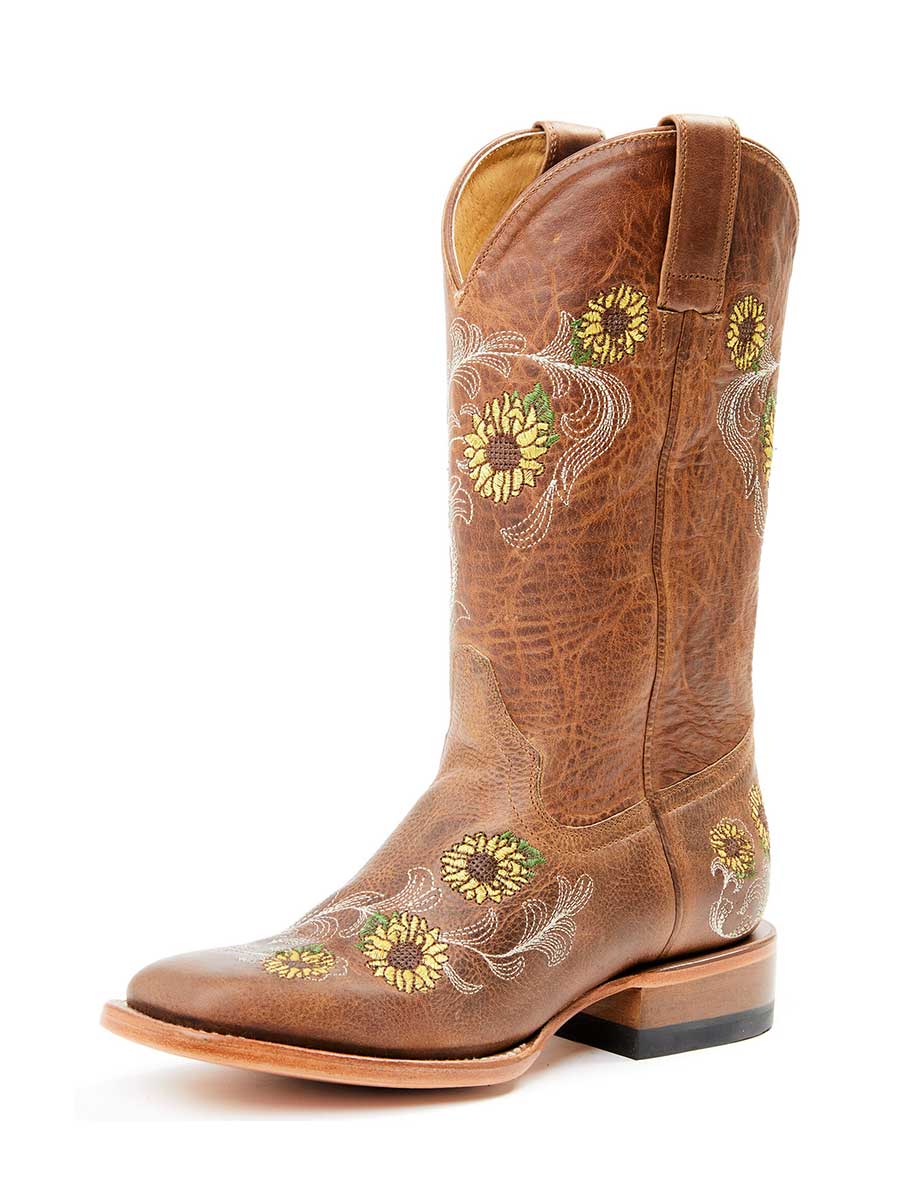 Brown Vegan Leather Broad Square Toe Sunfloral Embroidered Cowgirl Boots