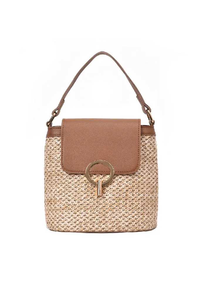 Straw Weave Women Bucket Handbags Summer Beach Shoulder Bags (Light Brown)