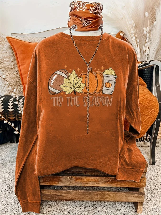 Women's Football Tis The Season Pumpkin Maple Leaf Print Round Neck Sweatshirt