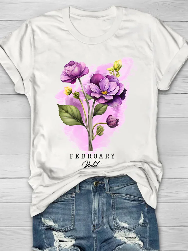 February Violet Printed Crew Neck Women's T-shirt