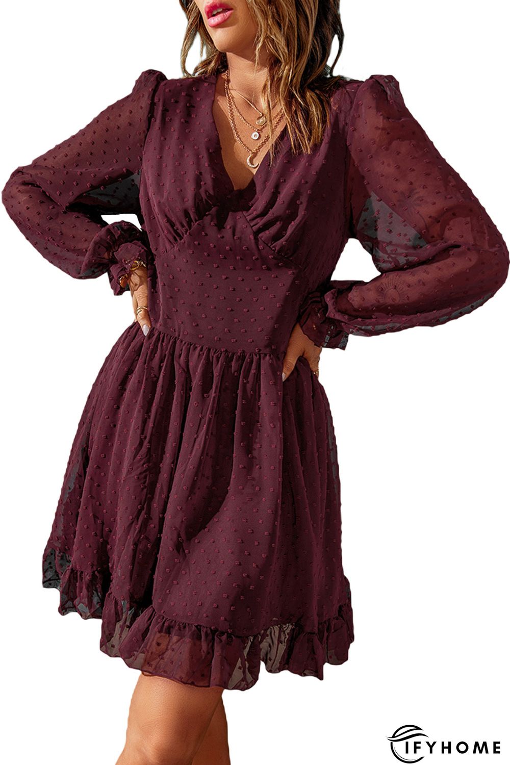 Wine Red V Neck Lantern Sleeve Swiss Dot Mini Dress | IFYHOME