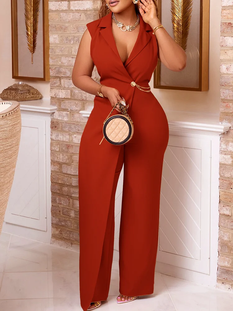 Women's Elegant Suit Collar with Waistband Chain Wide Leg Jumpsuit Overall