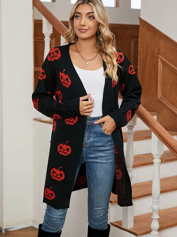 Athvotar Athvotar Sweater For Women's Casual Halloween Pumpkin Head With Long Coat Knitted Cardigan