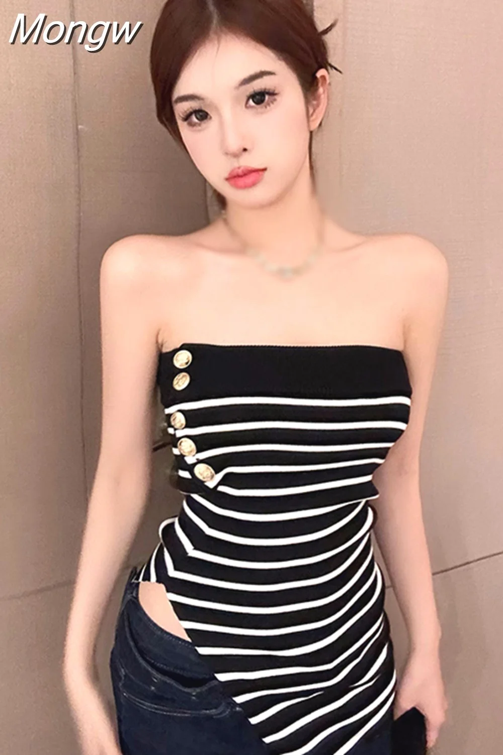Mongw Women's Tube Top Split Fashion Sleeveless Tank Tops Korean Version Stripe