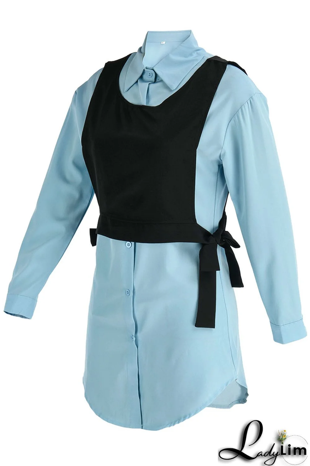 Light Blue Casual Simplicity Solid Patchwork Buckle Turndown Collar Long Sleeve Two Pieces