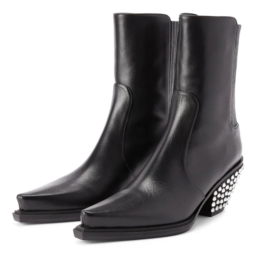 Elegant Black Rhinestone Slip On Pointed Toe Cowboy Boots for Women