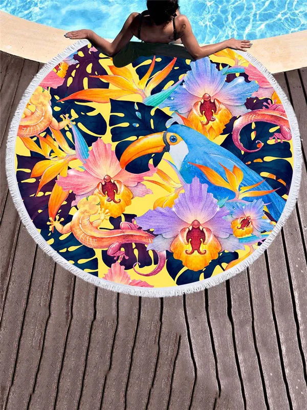 Bird Printed Round Shape Tasseled Soft Beach Mat