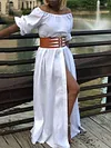 Solid Color Off-The-Shoulder  Puff Sleeves Split-Front Maxi Dress