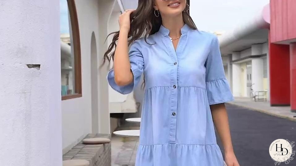 Denim Dress Casual Dress Denim Shirt Dress Midi Dress Denim Casual Outdoor Daily Vacation V Neck Button Half Sleeve Summer Spring Fall Loose Fit Light Blue Pure Color S M L XL XXL for Women
