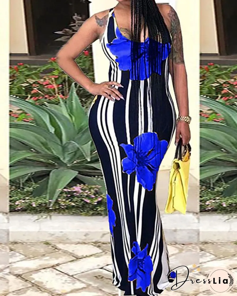Sexy Floral Print Striped Bodycon Maxi Dress