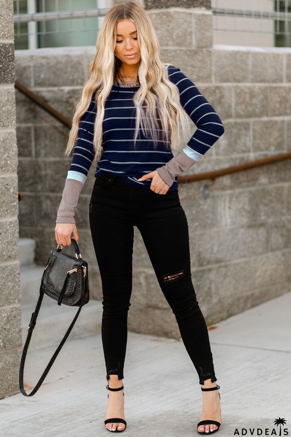 Extend Color Block Cuffs Rib Knit Striped Pullover