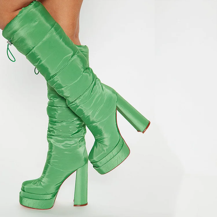 Green Puffer Square Toe Double-Stacked Platform Knee-high Boots |FSJ Shoes
