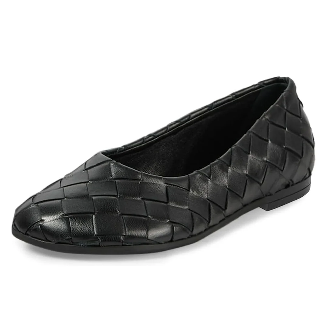 Black Vegan Leather Round Toe Woven Inlay Comfortable Flat Pumps