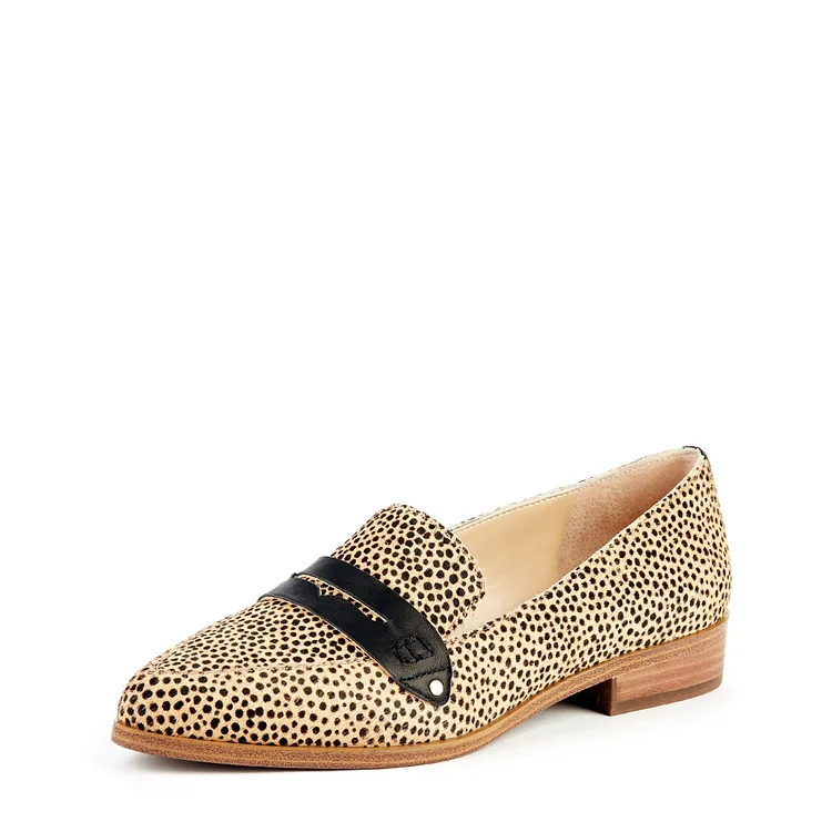 Khaki Leopard Print Slip-on Flat Penny Loafers for Women |FSJ Shoes