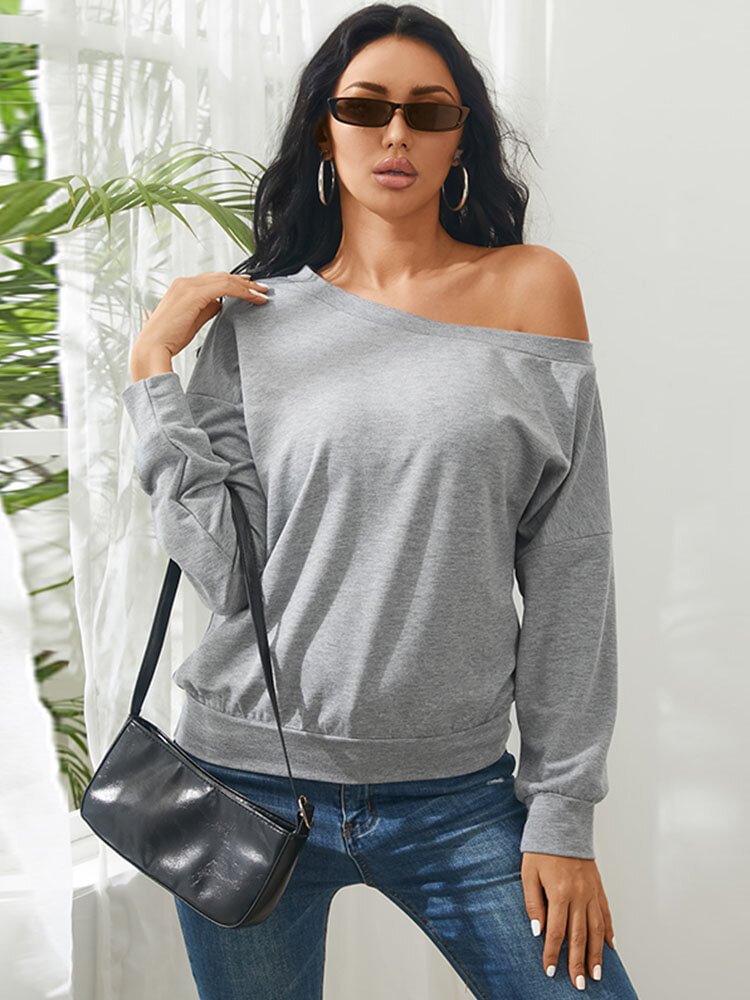 Solid Long Sleeve One Shoulder Casual Women Sweatshirt - BlackFridayBuys