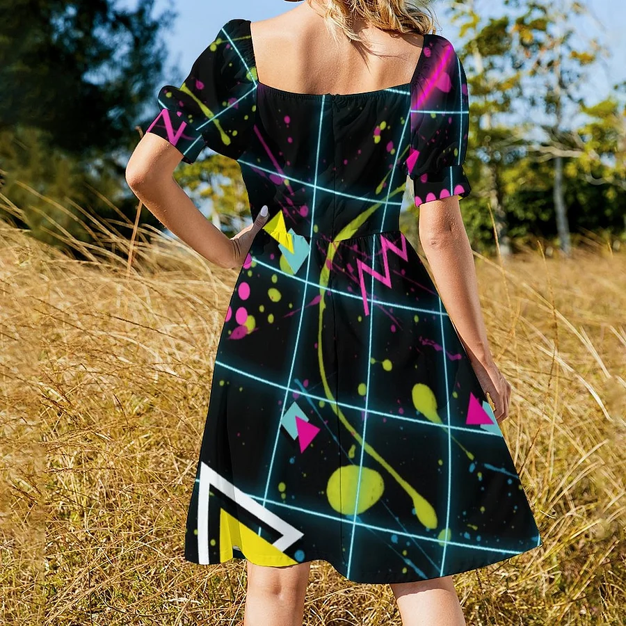 SFNEEWHO 80S 1980S Retro Vintage Grunge Fashion Design Dress Women Boho  High Waist Flared Puff Sleeve Cute Sweetheart Midi Dress
