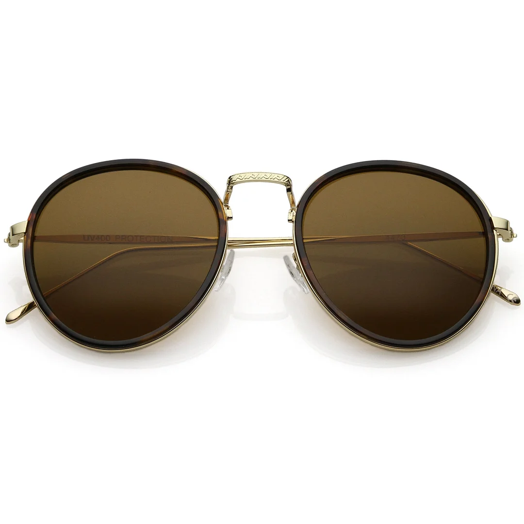 Modern Round glasses Engraved Slim Metal Arms Neutral Color Flat Lens