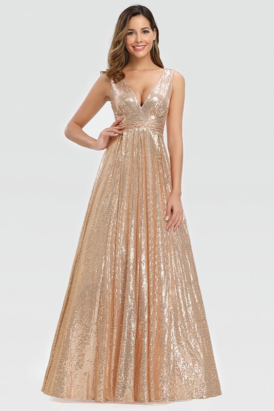 Gorgeous Sequins V-Neck Sleeveless Long Gold Prom Dress - lulusllly