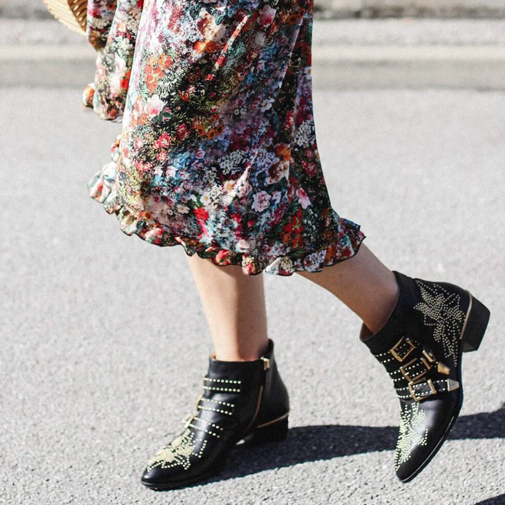 Black Pointed Toe Block Heel Embellished Ankle Boots