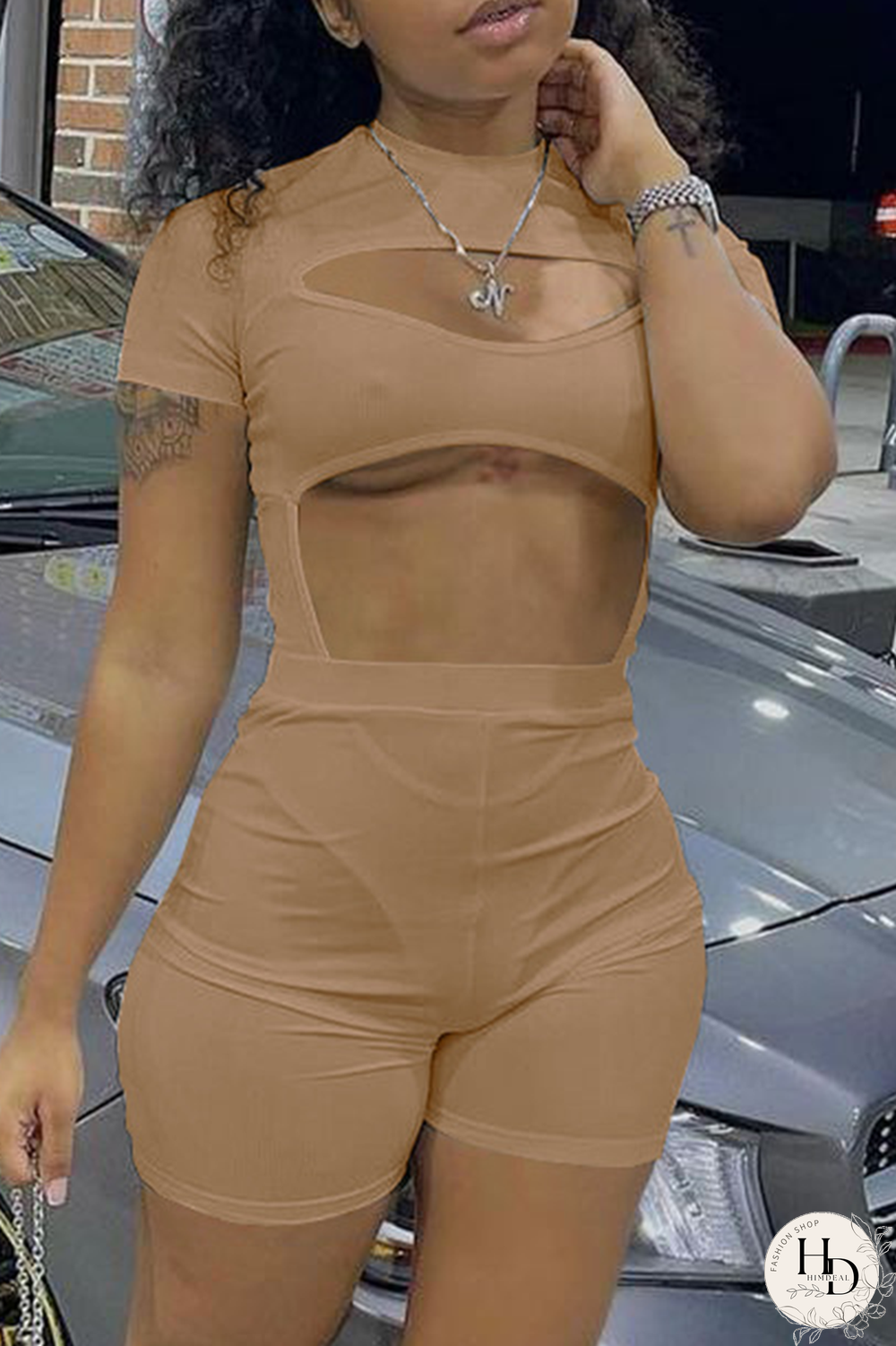 Khaki Sexy Solid Hollowed Out Half A Turtleneck Short Sleeve Two Pieces