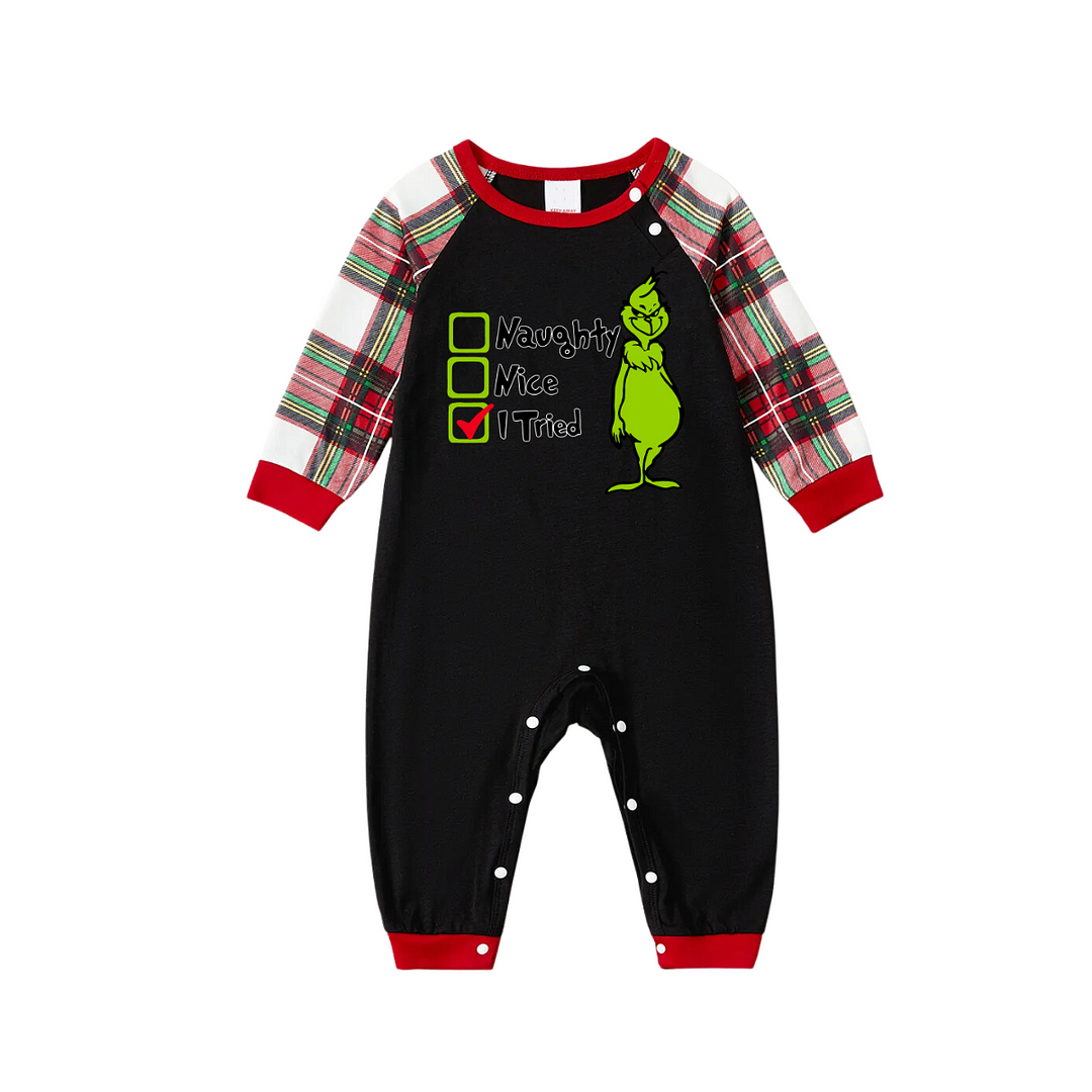Christmas Cartoon and Text Print Black Long Sleeve Top with Red & White & Green Plaid Family Matching Pajamas