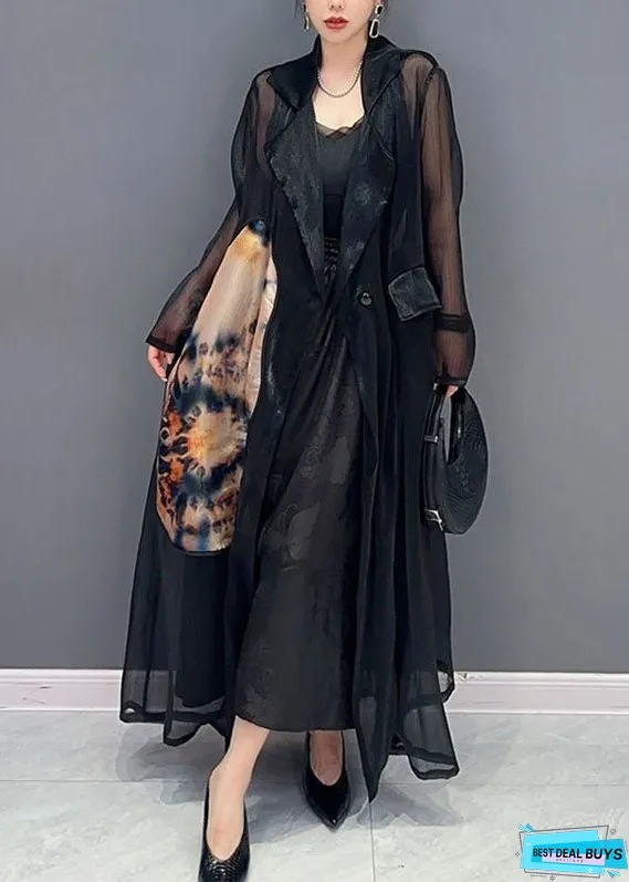 Style Black Notched Patchwork Button Long Tulle Cardigan Fall