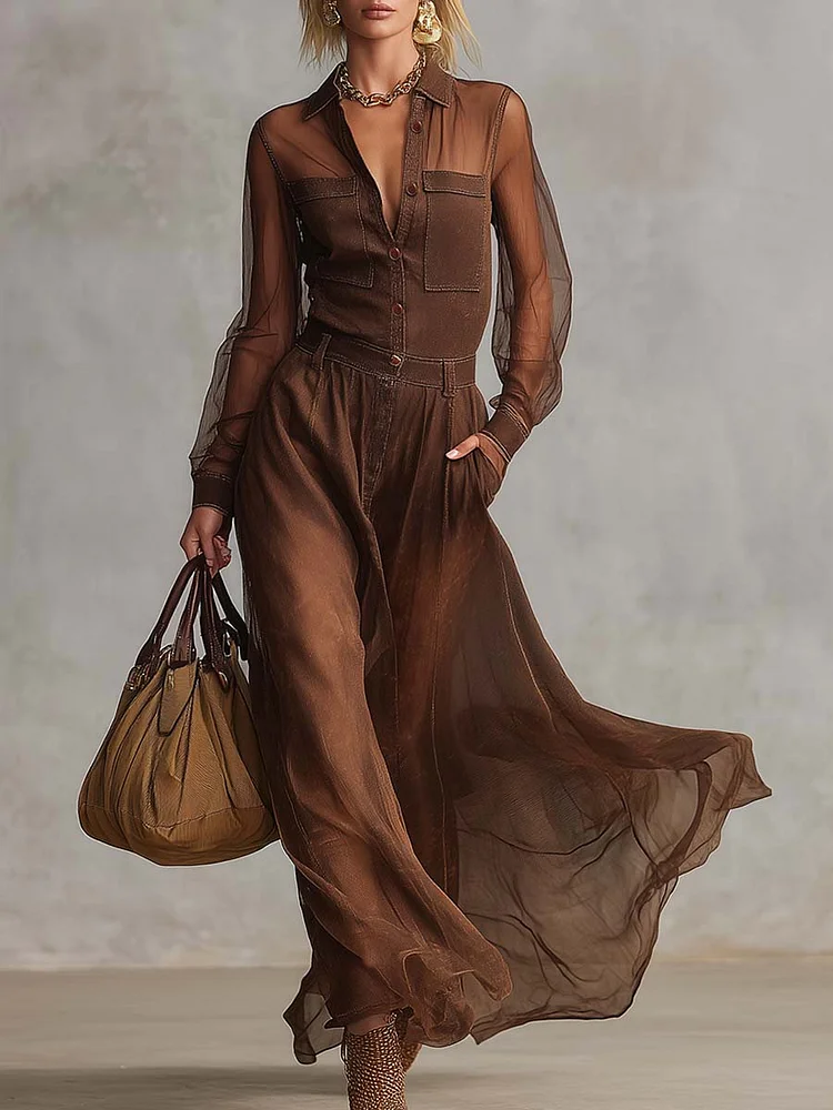 【24-hour shipping out】Vintage Western Front Button V-neck Long-sleeved Organza Stitching Brown Cotton Maxi Dress