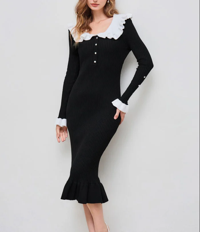 Nigikala Nigikala Retro-Collending Lotus Leaf-Side Elegant Knitted Dress Slimy Temperamental Dress