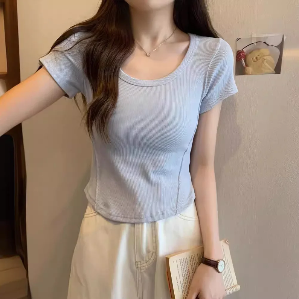 Uveng Uveng U Collar Short-Sleeved T-Shirt Women 2023 Summer New Korean Version Slim High Waist Short Style Students Pure Color Jacket Tide