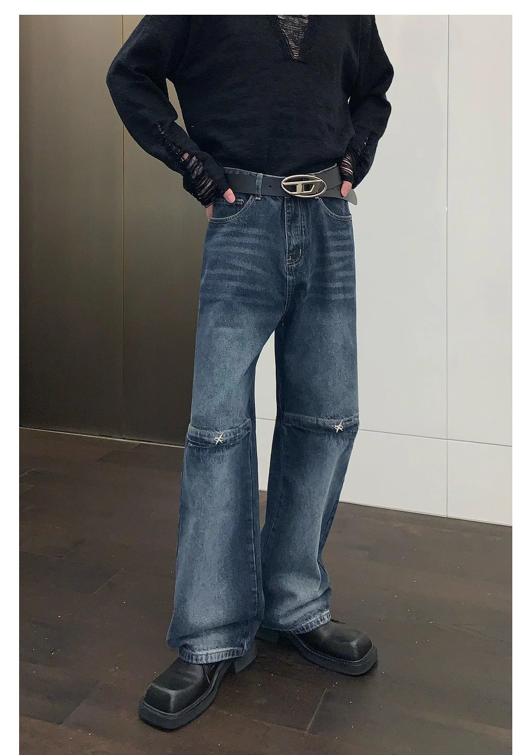 Aonga Stitching Metal Washed Wide Leg Jeans