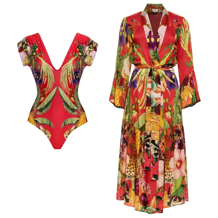 Fitvitalsupplement Women's Red Leopard Printed Swimsuit, Bathing Suit, Cover Up, New, 2Pcs, 2025 Swimwear