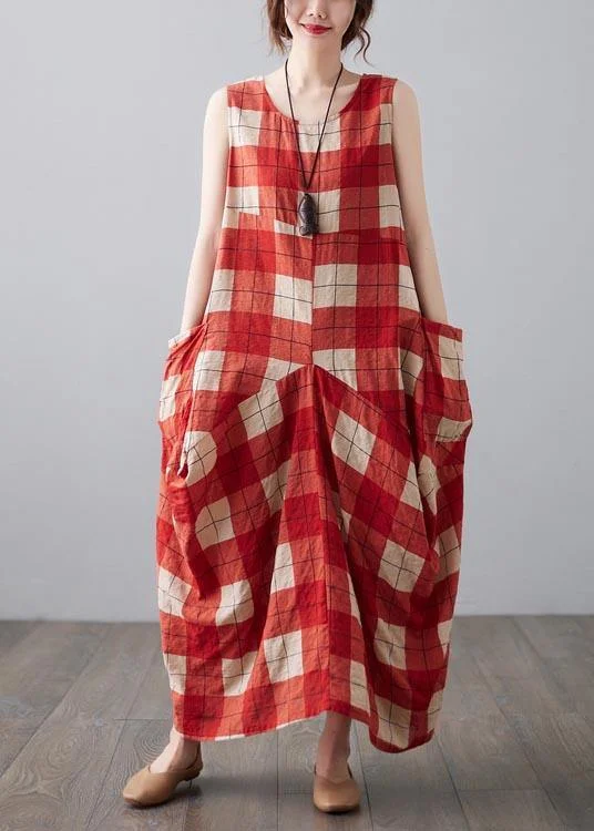Natural Red Plaid Sleeveless Pockets Summer Dress