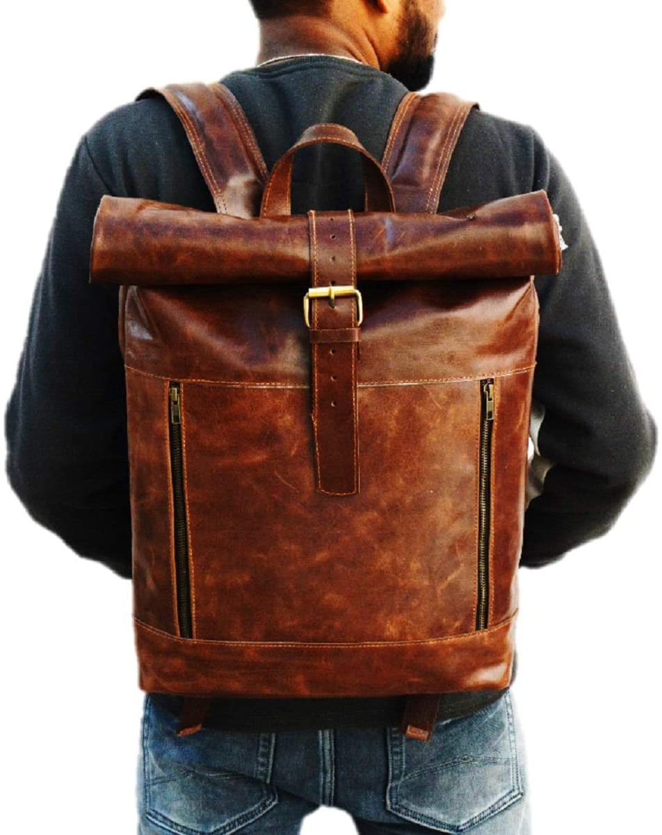 Leather Vintage Roll on Laptop Backpack For Men