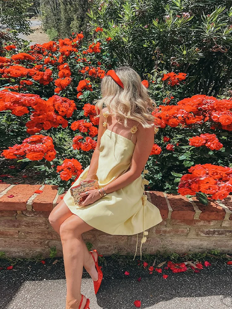 Women Sexy Backless Loose A Line 3D Flower Sling Mini Dress