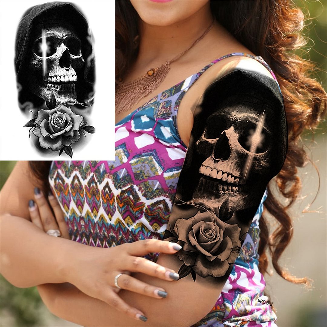 Flower Skull Temporary Tattoos For Women Men Adults Evil Skeleton Tattoo Sticker Fake Lavender Big Rose Black Tatoos Body Thigh