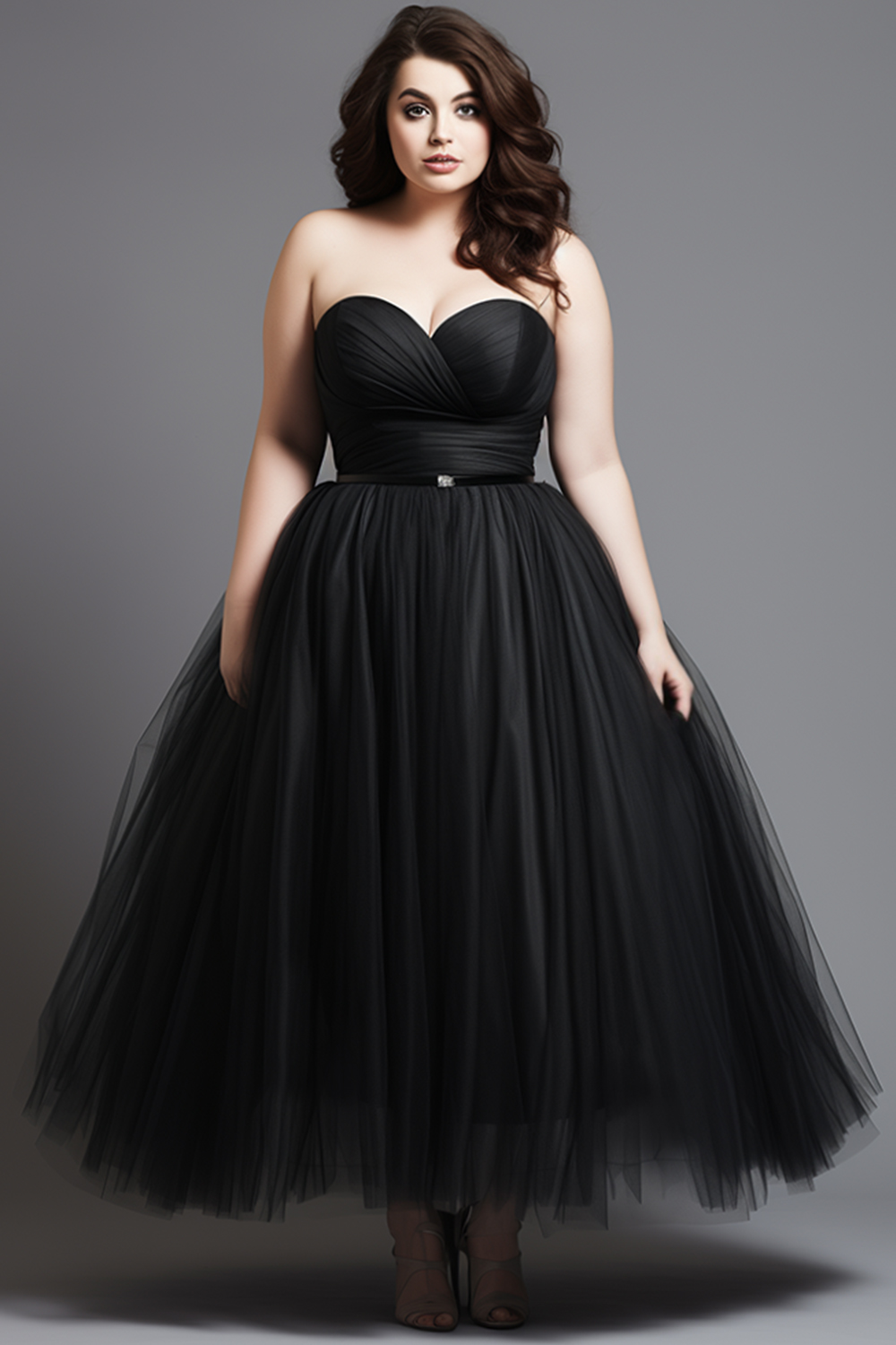 Flycurvy Plus Size Prom Black Tulle Empire Waist Strapless Maxi Dress