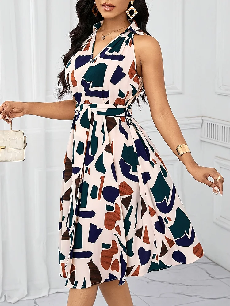 Women's Elegant Geometric Print Sleeveless Midi Dress - Beige, Green, Navy Blue, Cardigan Neckline, Perfect For Spring/Summer/Fall, Casual To Semi-Formal Attire, Casual Attire | Modern Casual Dress | Elegant Sleeveless Dress, Sleeveless Dress