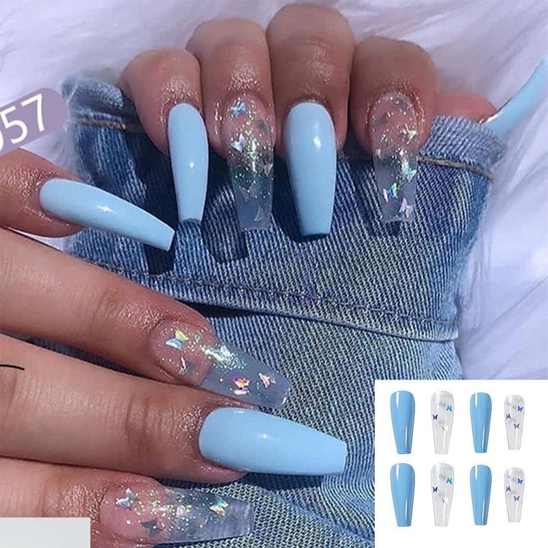 24Pcs Long Coffin False Nails Sky Blue Powder Laser Butterfly Manicure Patch Pre Design Acrylic Full Cover Ballerina Fake Nails