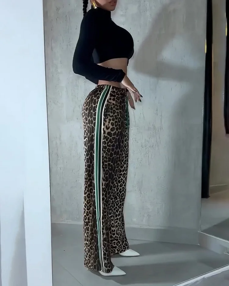 Women's contrast leopard print pants suit
