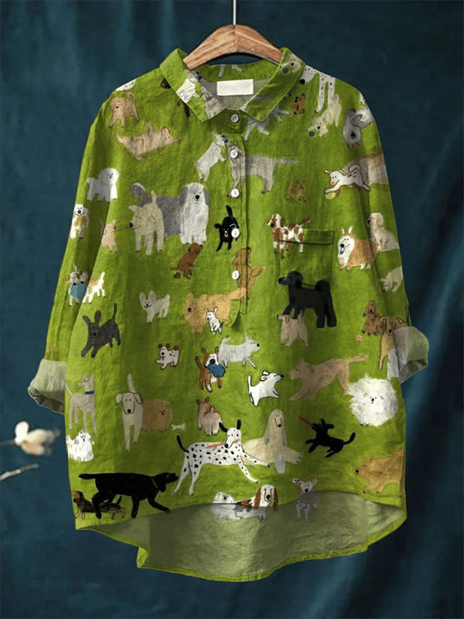 Womens Puppy Print Casual Cotton And Linen Shirt