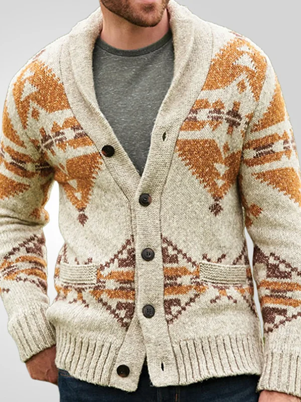 Men's Casual Ethnic Tribal Aztec Print Lapel Knitted Cardigan