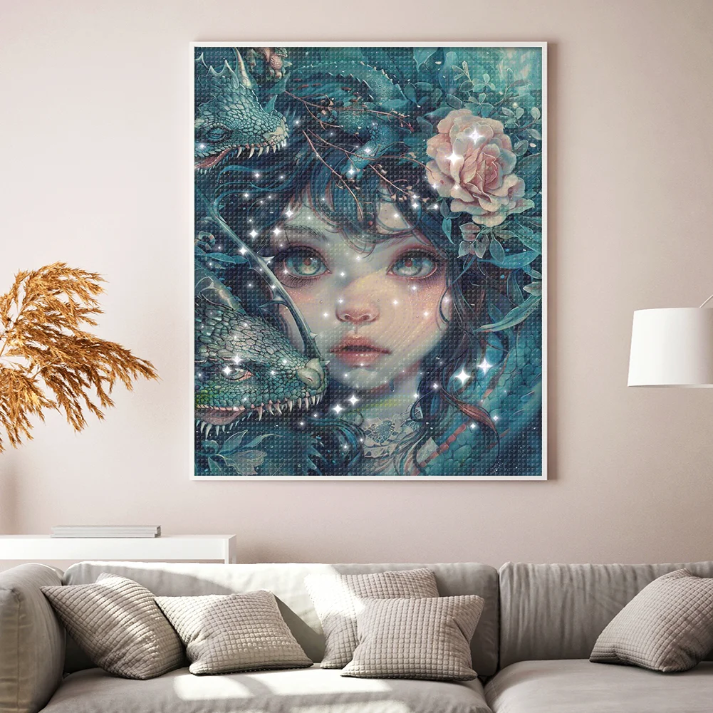 9CT Full Cross Stitch Bead Embroidery - Girl & Lizard(Canvas|40*50CM)