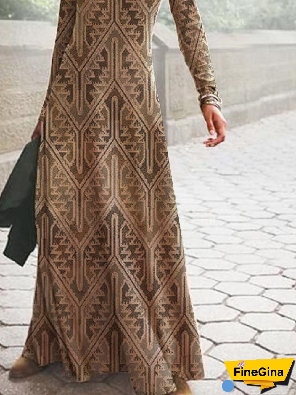Geometric Printed Long Sleeve Crew Neck Plus Size Casual Dresses