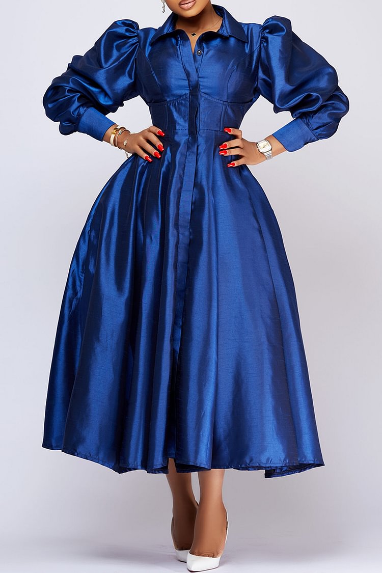 Xpluswear Plus Size Royal Blue Daily Satin Puff Sleeve Flare Midi Dress [Pre-Order]