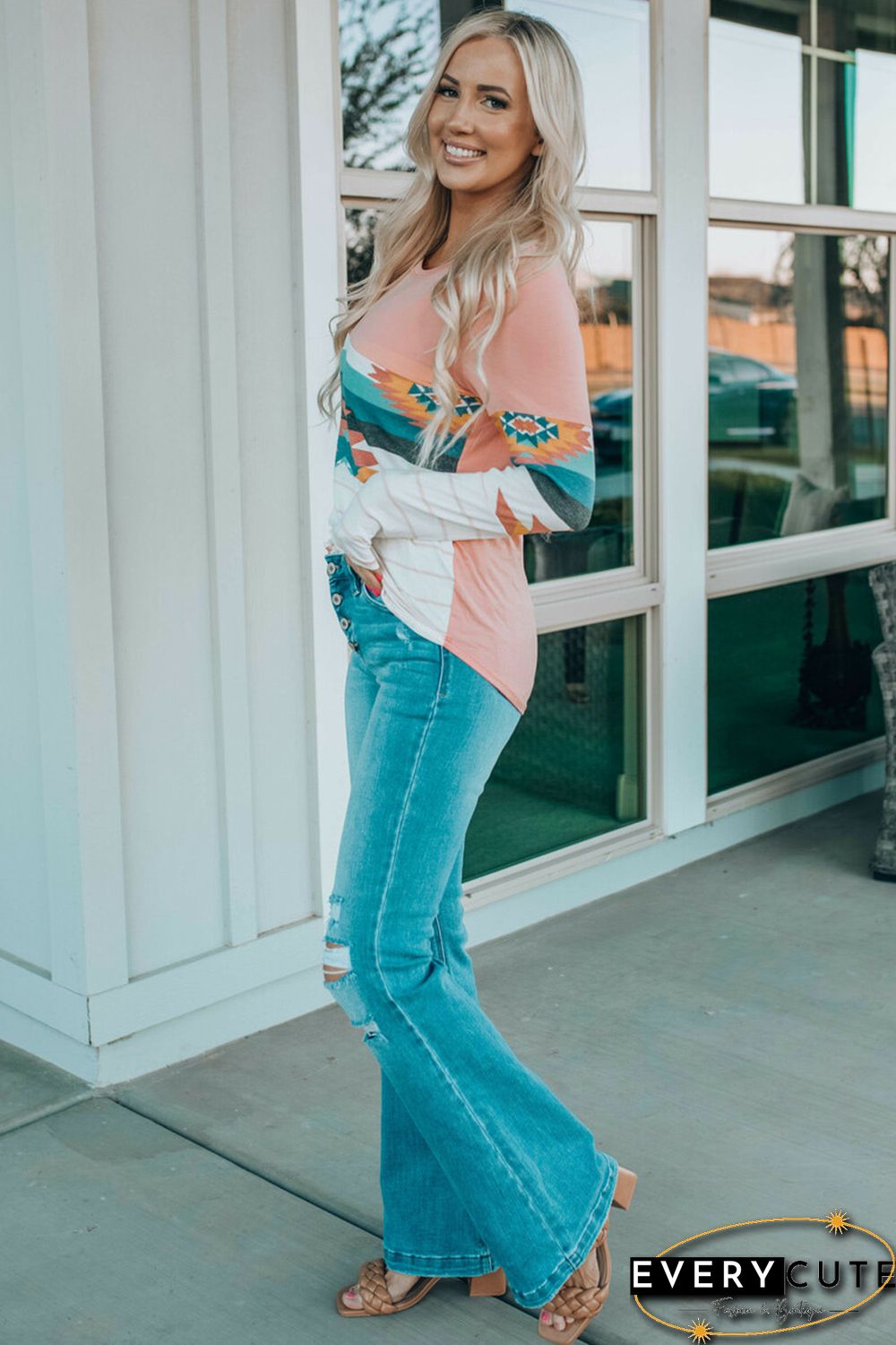 Pink Aztec Stripe Color Block Slim Fit Long Sleeve Top