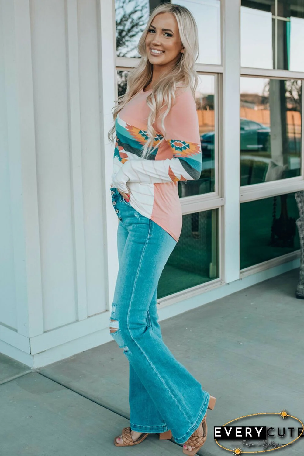 Pink Aztec Stripe Color Block Slim Fit Long Sleeve Top