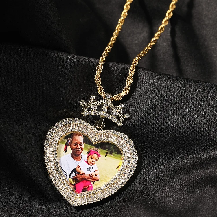 Custom Photo Iced Out Baguette CZ Heart Shape Memory Pendant Necklace Jewlery-VESSFUL