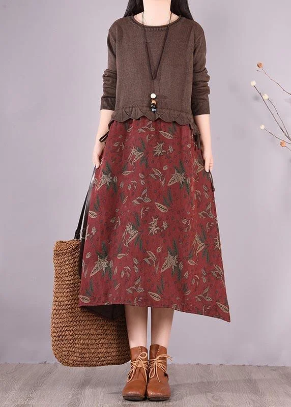Women Chocolate Patchwork Print Clothes O Neck Loose Spring Dress