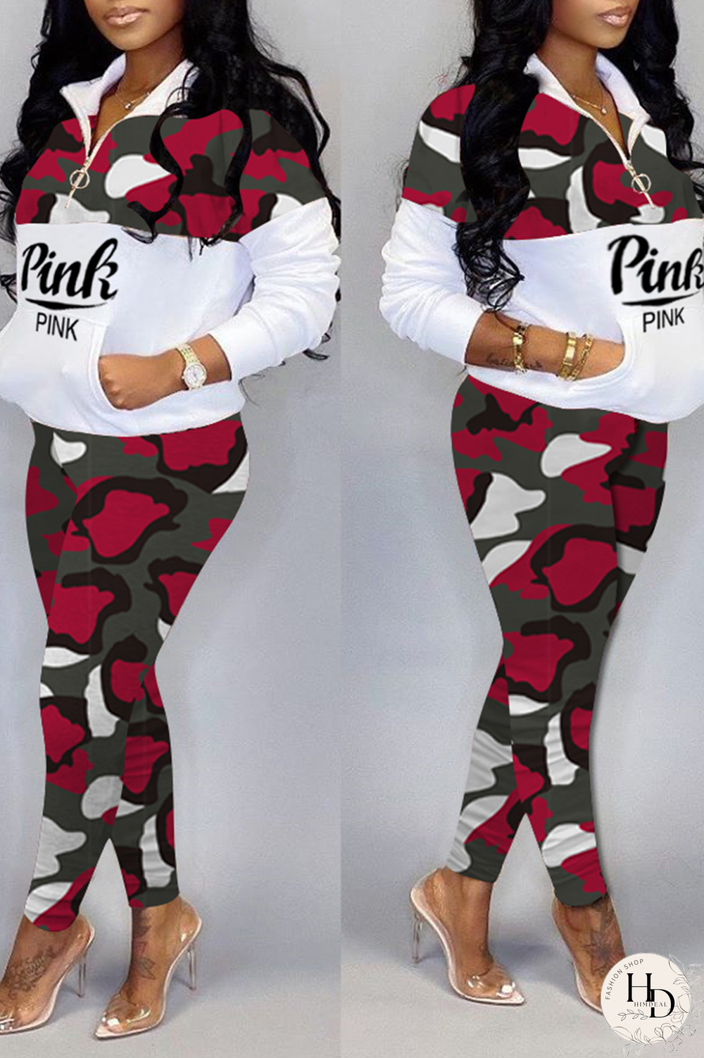 Blue Casual Camouflage Print Patchwork Zipper Collar Long Sleeve Two Pieces