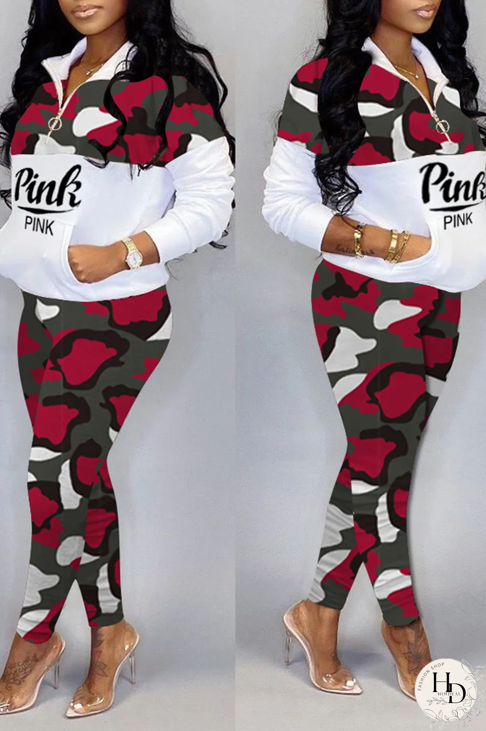 Blue Casual Camouflage Print Patchwork Zipper Collar Long Sleeve Two Pieces